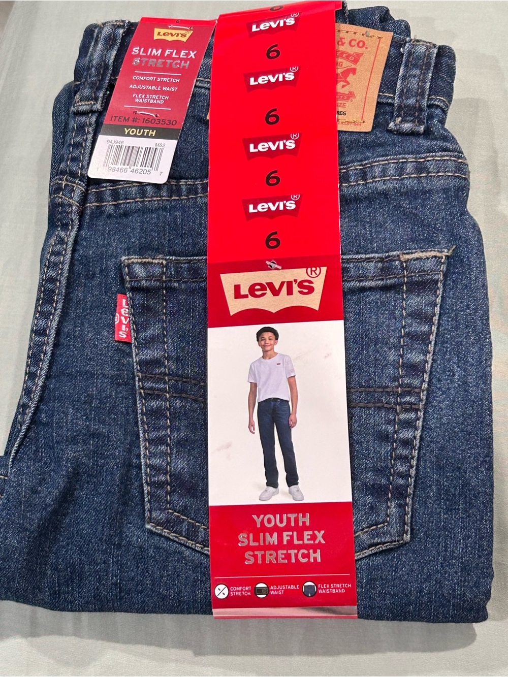 Levi’s Boys Size 6 Slim Flex Stretch Jeans Adjustable Waist Blue NWT